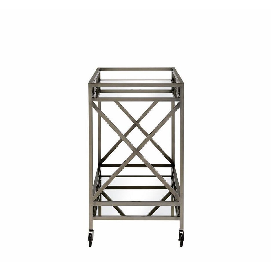 Metal Framed Two Tier Serving Cart with X Shaped Side Panels  Silver and Clear   35.04 H x 19.68 W x 34.25 L Inches