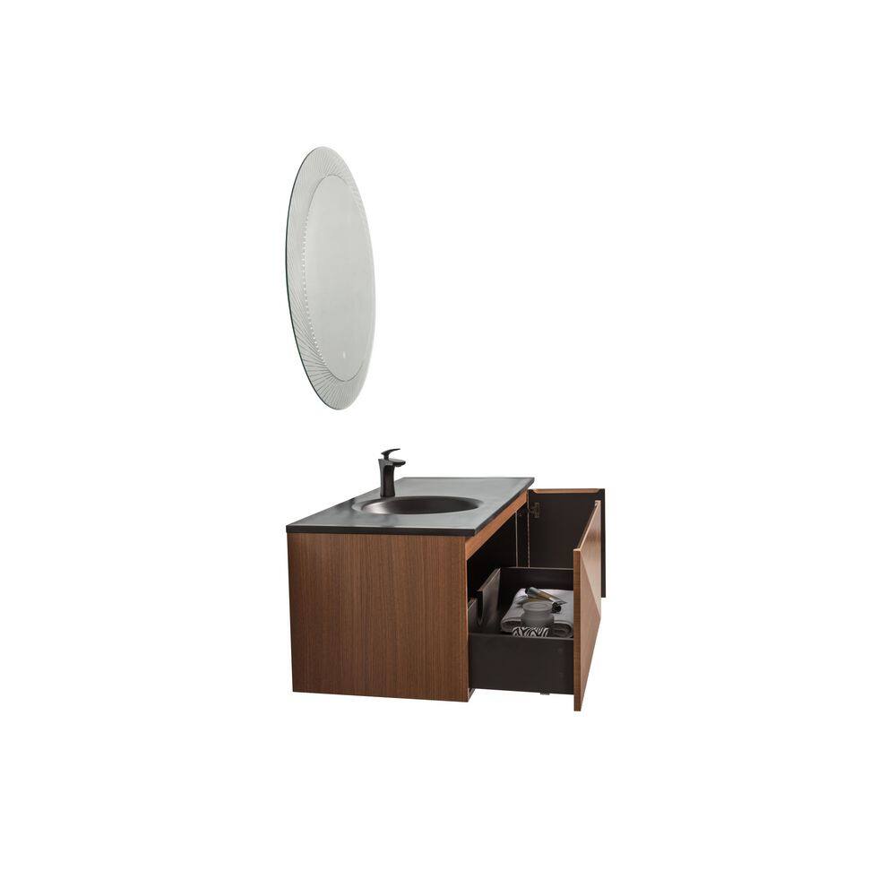 Abruzzo Simon 48 in. W x 20.90 in. D x 17.70 in. H Walnut Thermafoil Vanity Set in Walnut garin with Quartz sand topBlack basin Simon 48