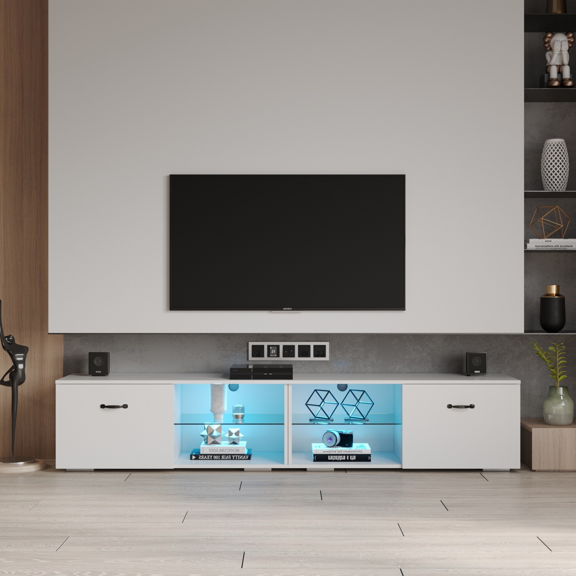 78''W 2 Parts Design Separable Floor TV Stand Detachable TV Cabinet with Multi Storage ShelfandRGB LED Light up to 80 inch TV