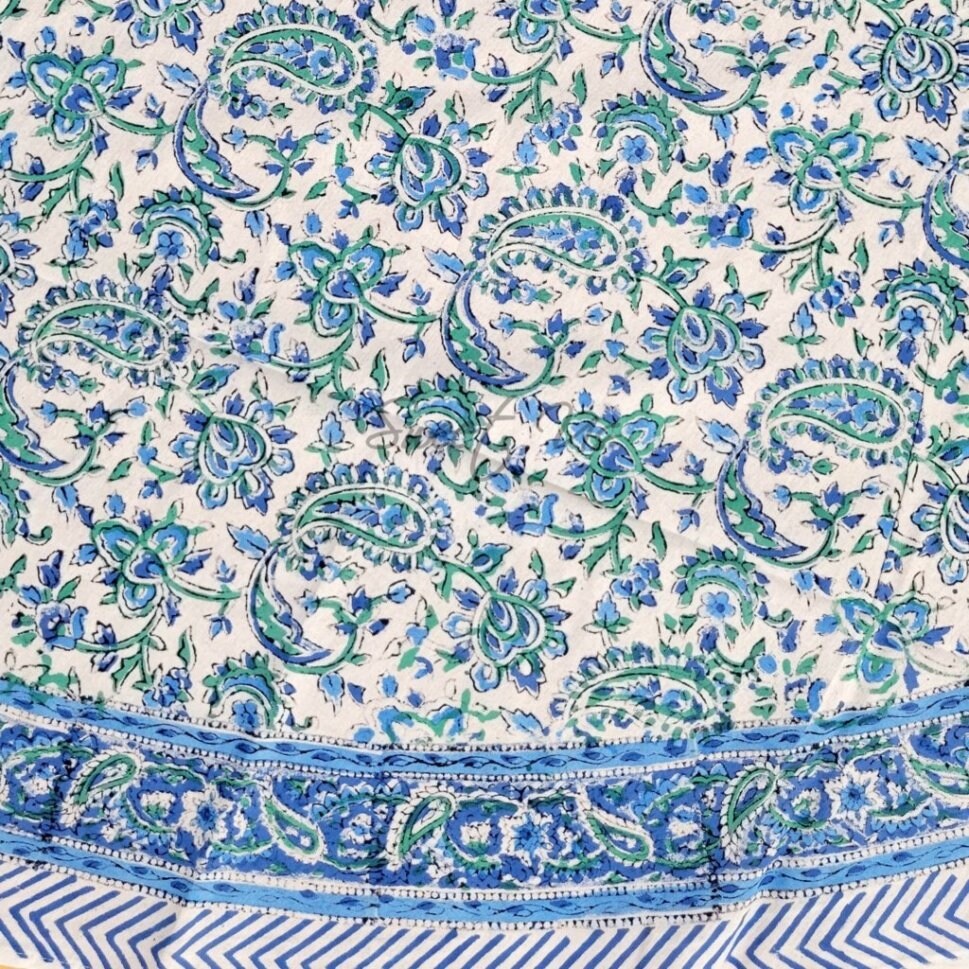 Block Print Tablecloth Round  Floral Paisley Love White   Paisley Love  Blue Green