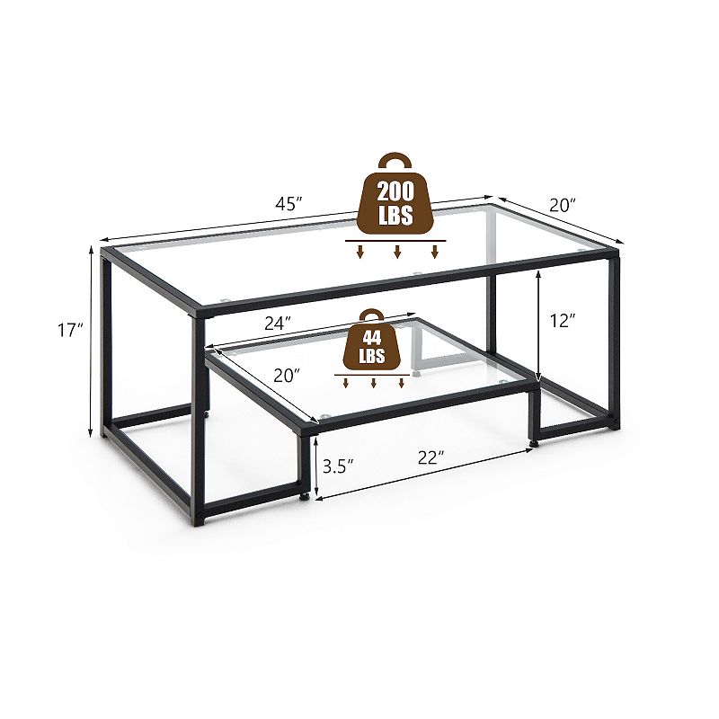 Modern 2-Tier Rectangular Coffee Table with Glass Table Top