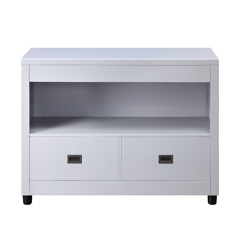 Wooden Console Cabinet with 2 Drawers and Open Shelf， Gray and Black