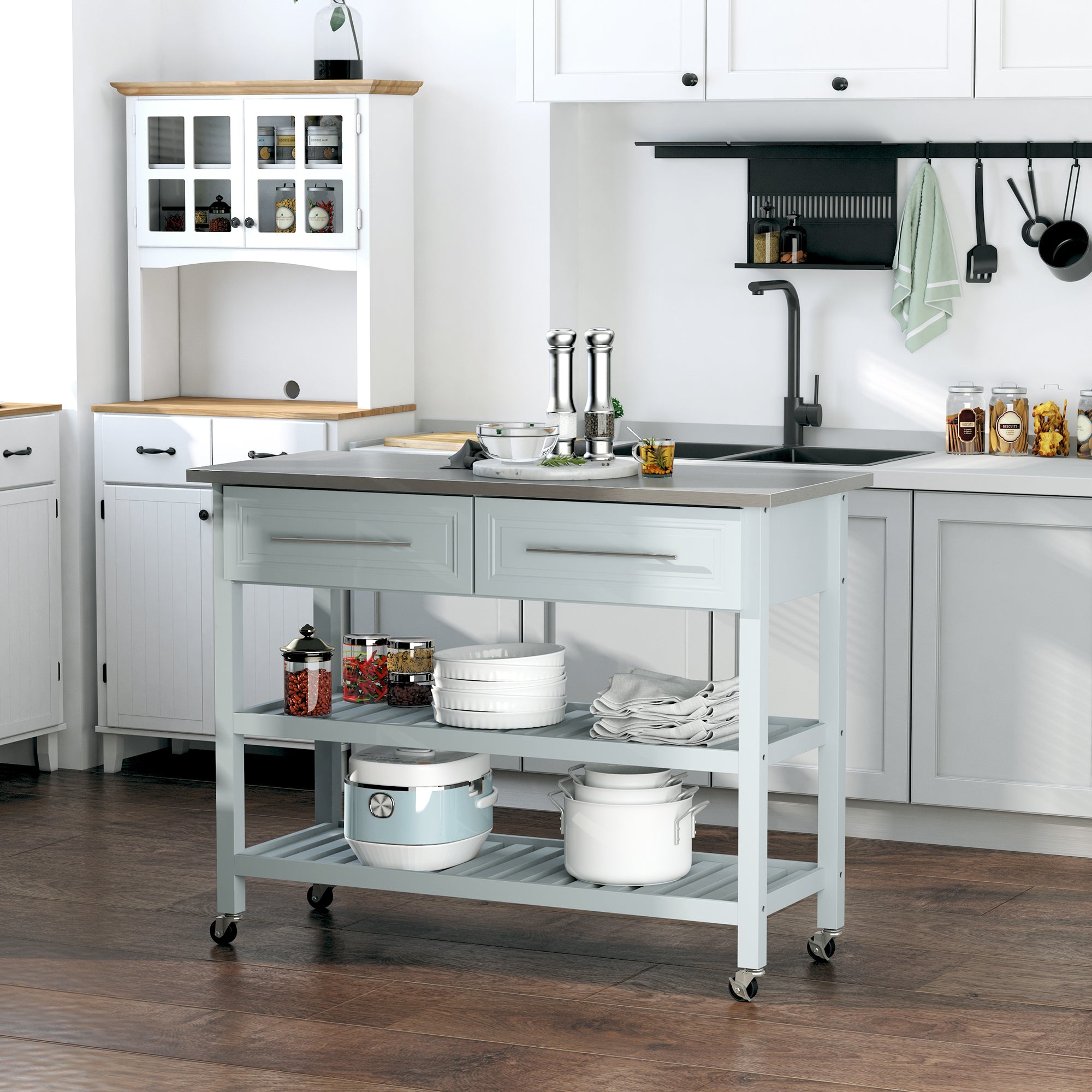 HOMCOM Rolling Kitchen Island Cart with Drawers， Shelves， and Stainless Steel Top - Grey