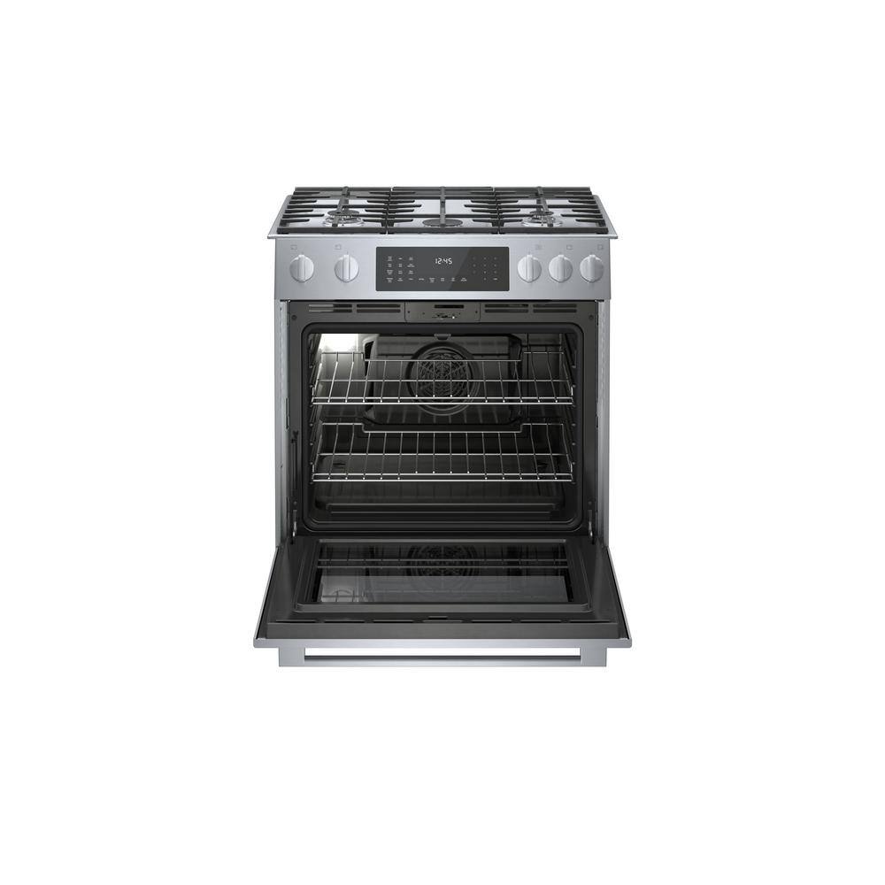 Bosch Benchmark Benchmark Series 30 in. 4.6 cu. ft. Slide-In Dual Fuel Range with Gas Stove and Electric Oven in Stainless Steel HDIP056U