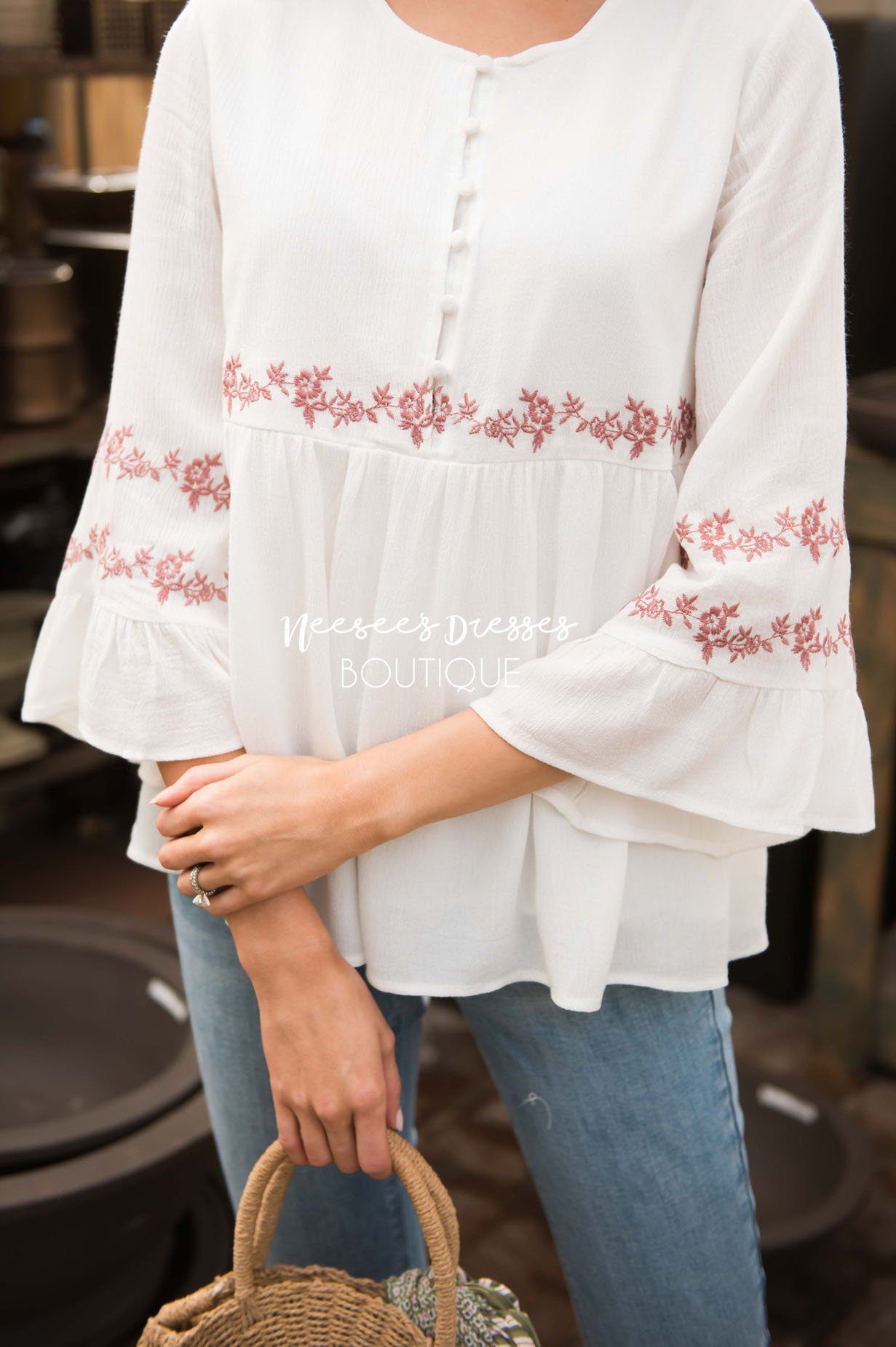 Ivory Flounce Embroidered Blouse