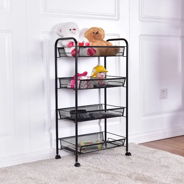 4 Tier Storage Rack Trolley Cart Home Kitchen Organizer Utility Baskets Black