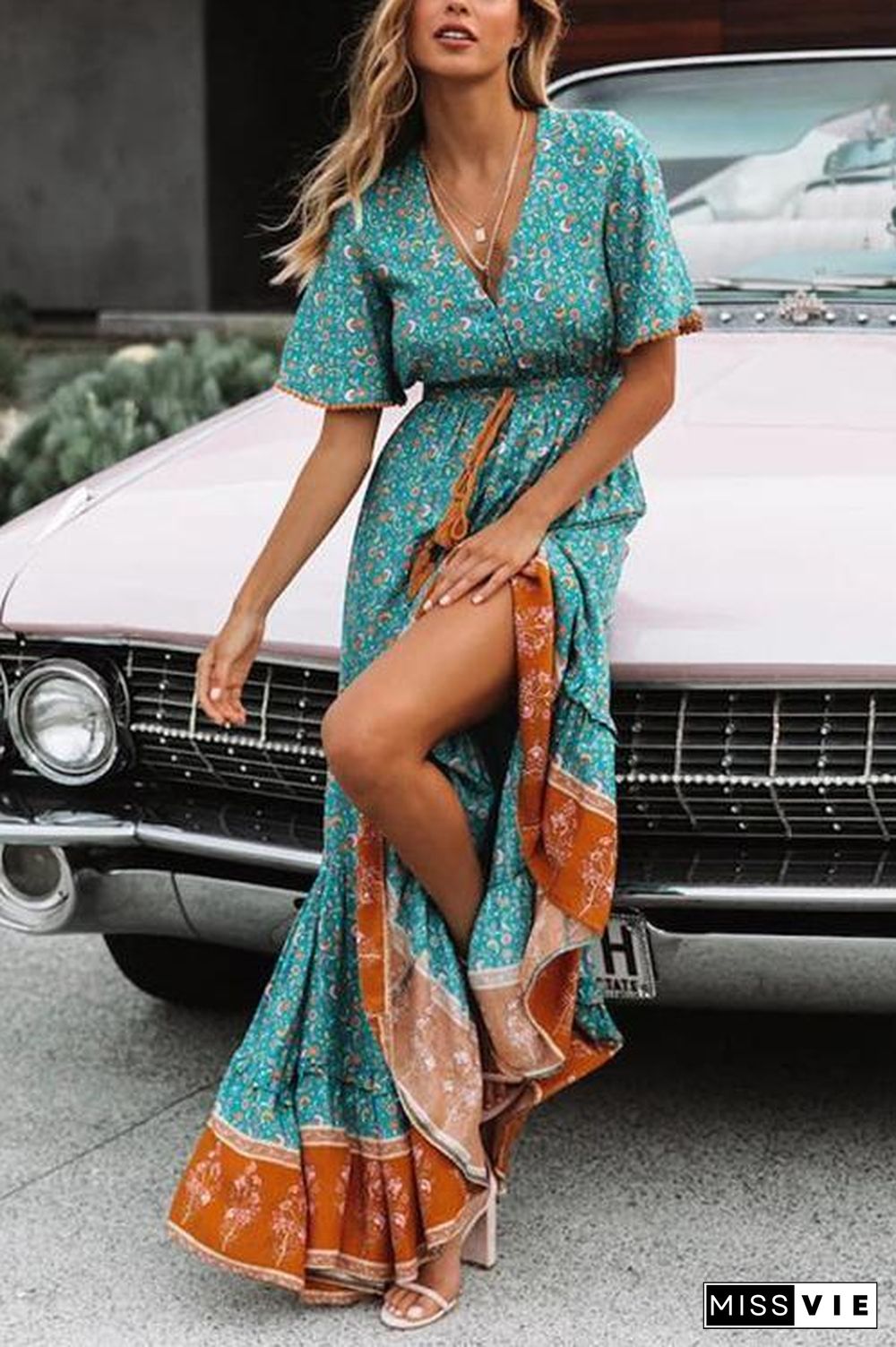 Floral Print Short Sleeve Maxi Dress