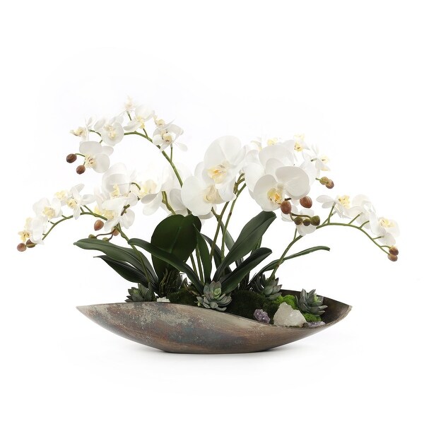 Cream White Orchids Faux Arrangement in Small Metal Tray