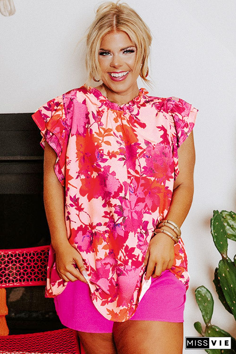 Rose Ruffle Tiered Sleeve Frill Neck Floral Plus Size Blouse