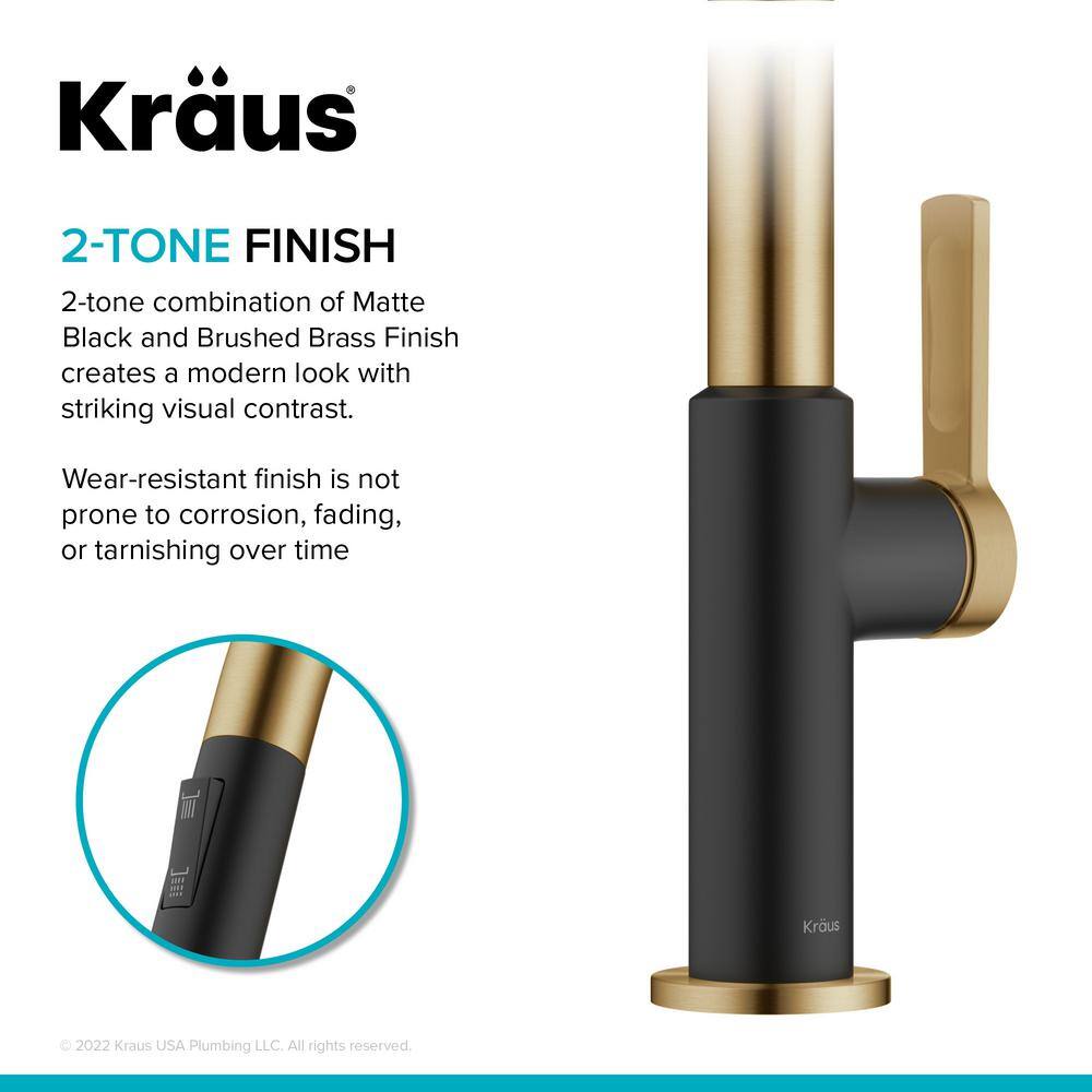 KRAUS Oletto Single Handle Pull-Down Kitchen Faucet in Brushed BrassMatte Black KPF-2820BBMB