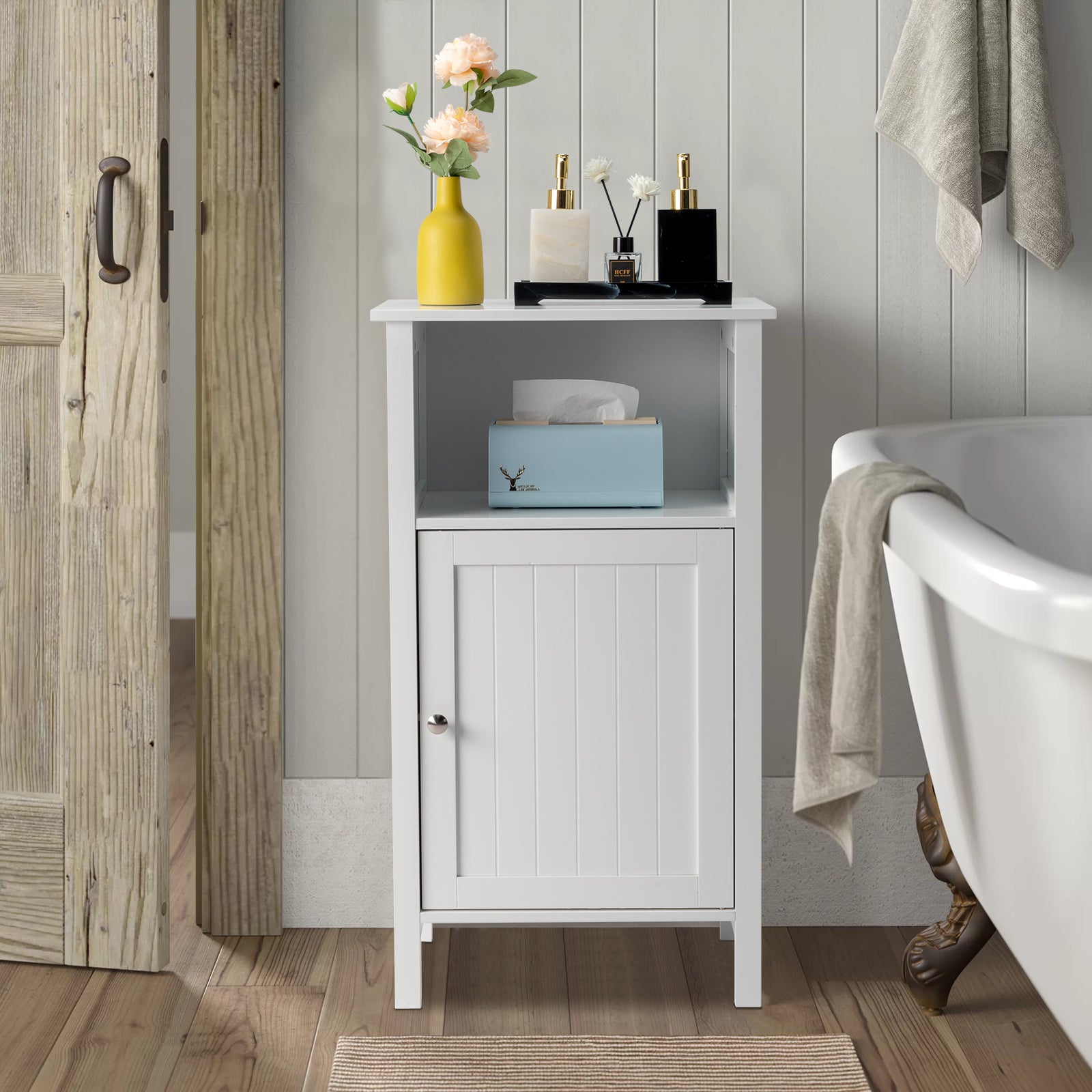 Ktaxon Wooden Bathroom Floor Cabinet, Freestanding Storage Cabinet with Cupboard and Open Shelf for Home, White