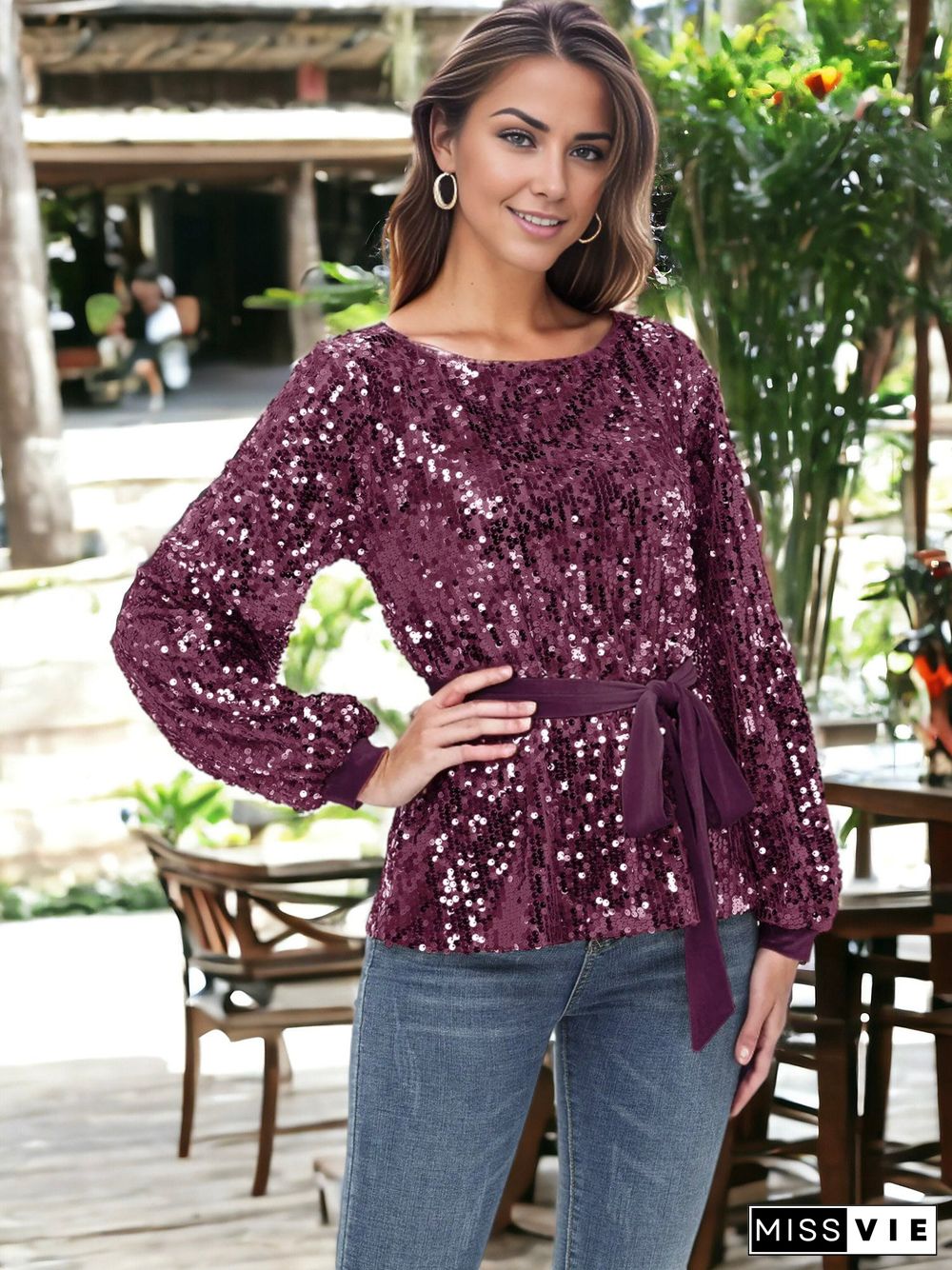 Sequin Party Tie Waist Sweatshirt Pullover Top