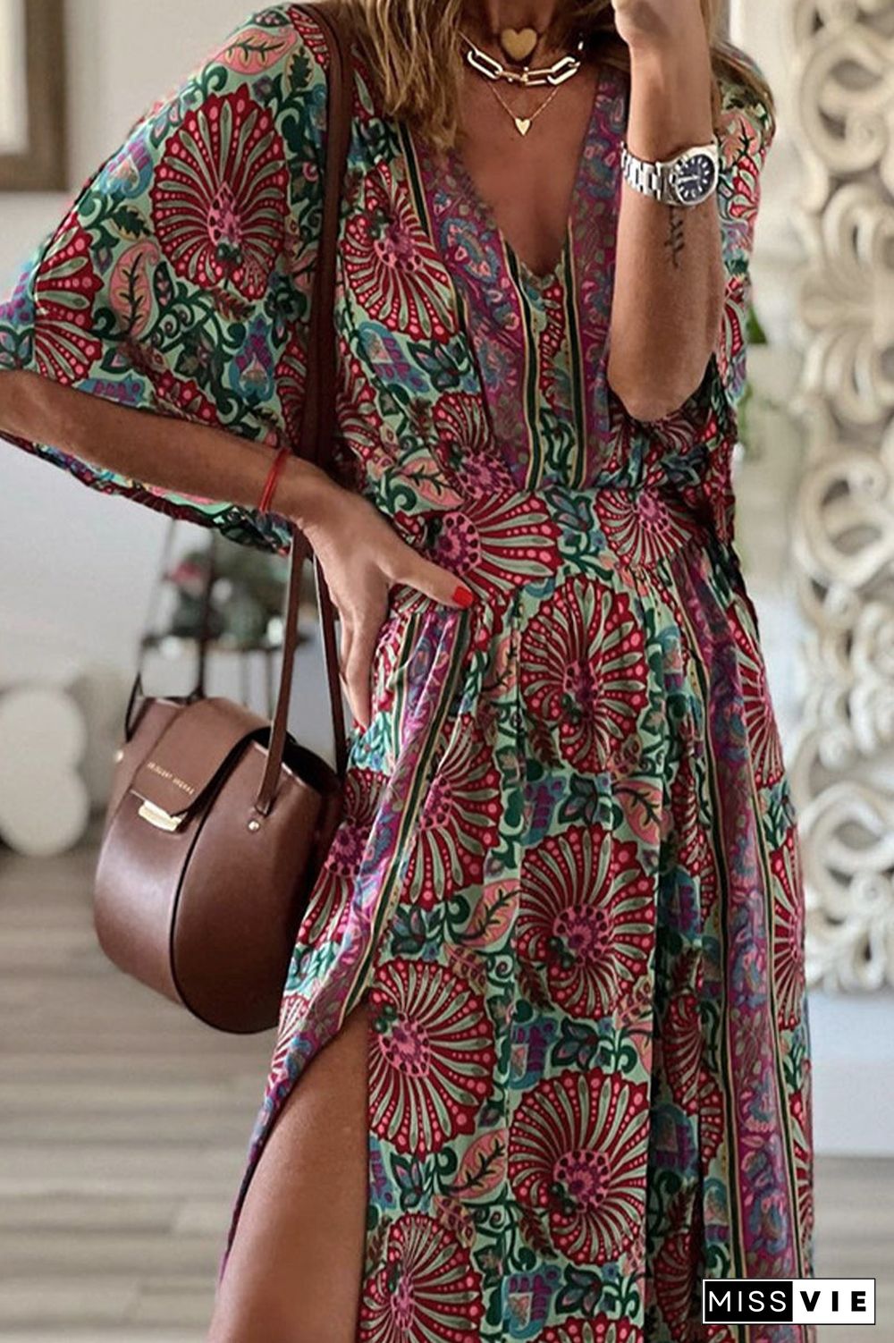 College Floral Slit V Neck Printed Dress Dresses