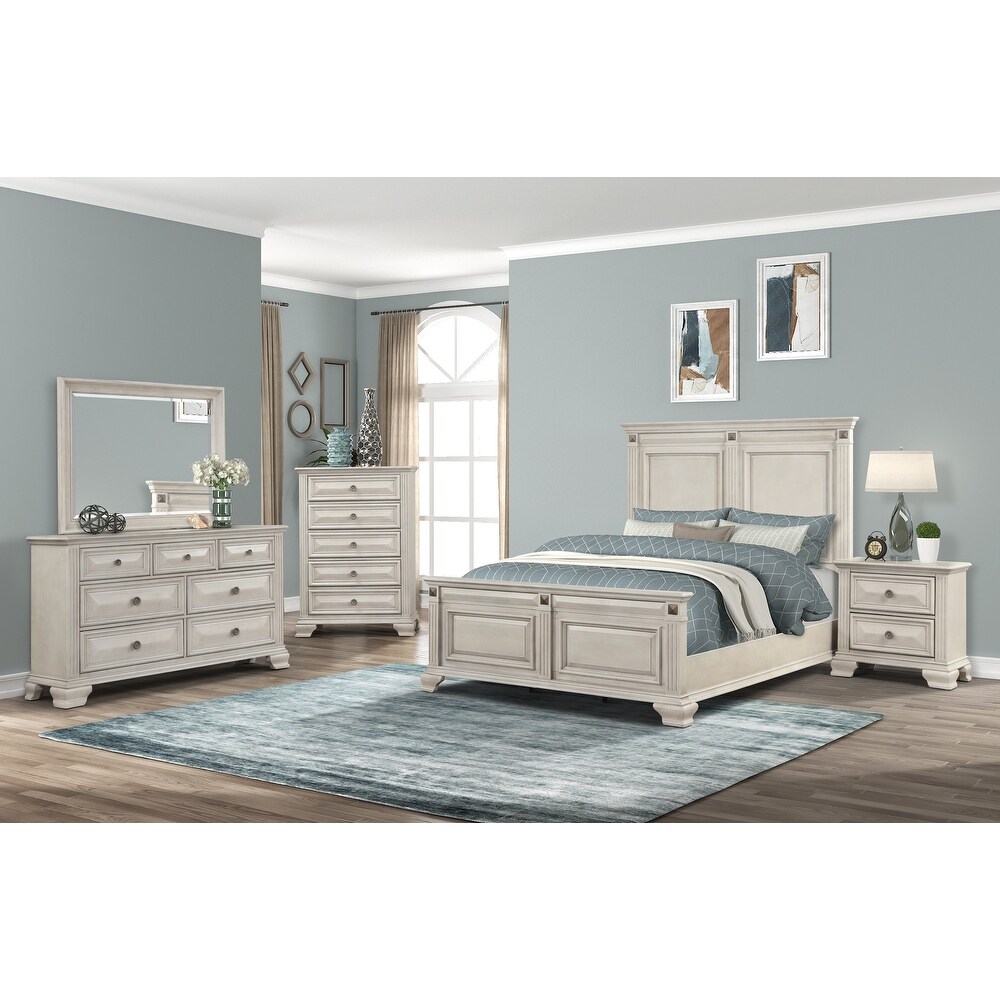 Roundhill Furniture Renova Distressed Parchment Wood Bedroom Set with Panel Bed  Dresser  Mirror  Nightstand  Chest