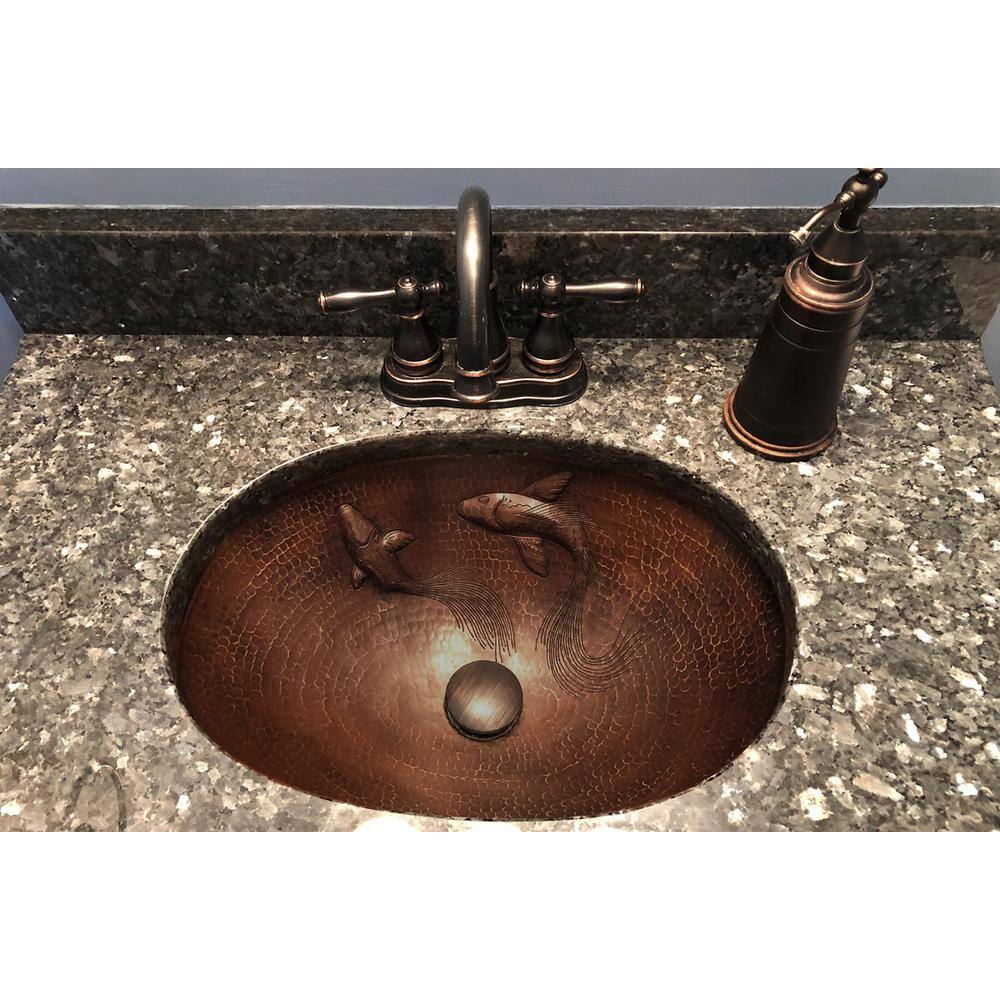 Premier Copper Products 19 in. Oval Under Counter Hammered Copper Bathroom Sink with Koi Fish Design in Copper LO19FKOIDB