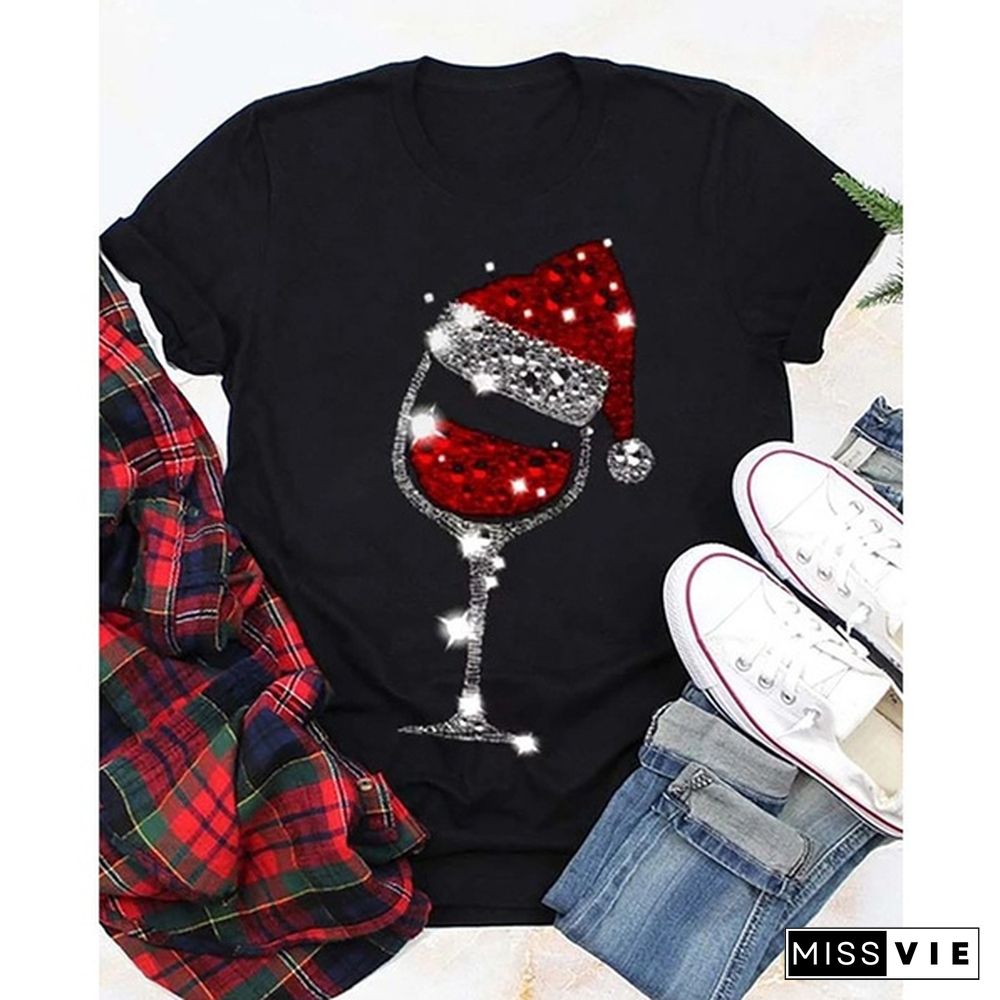 Merry Christmas New Women Fashion Casual Christmas Hat Print Short Sleeves Tee Shirts Graphic Holiday Celebration Top Plus Size