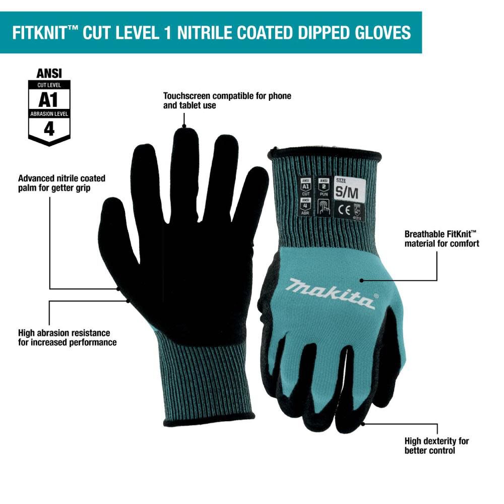 Makita FitKnit Gloves Cut Level 1 Nitrile Coated Dipped L/XL T-04123 from Makita