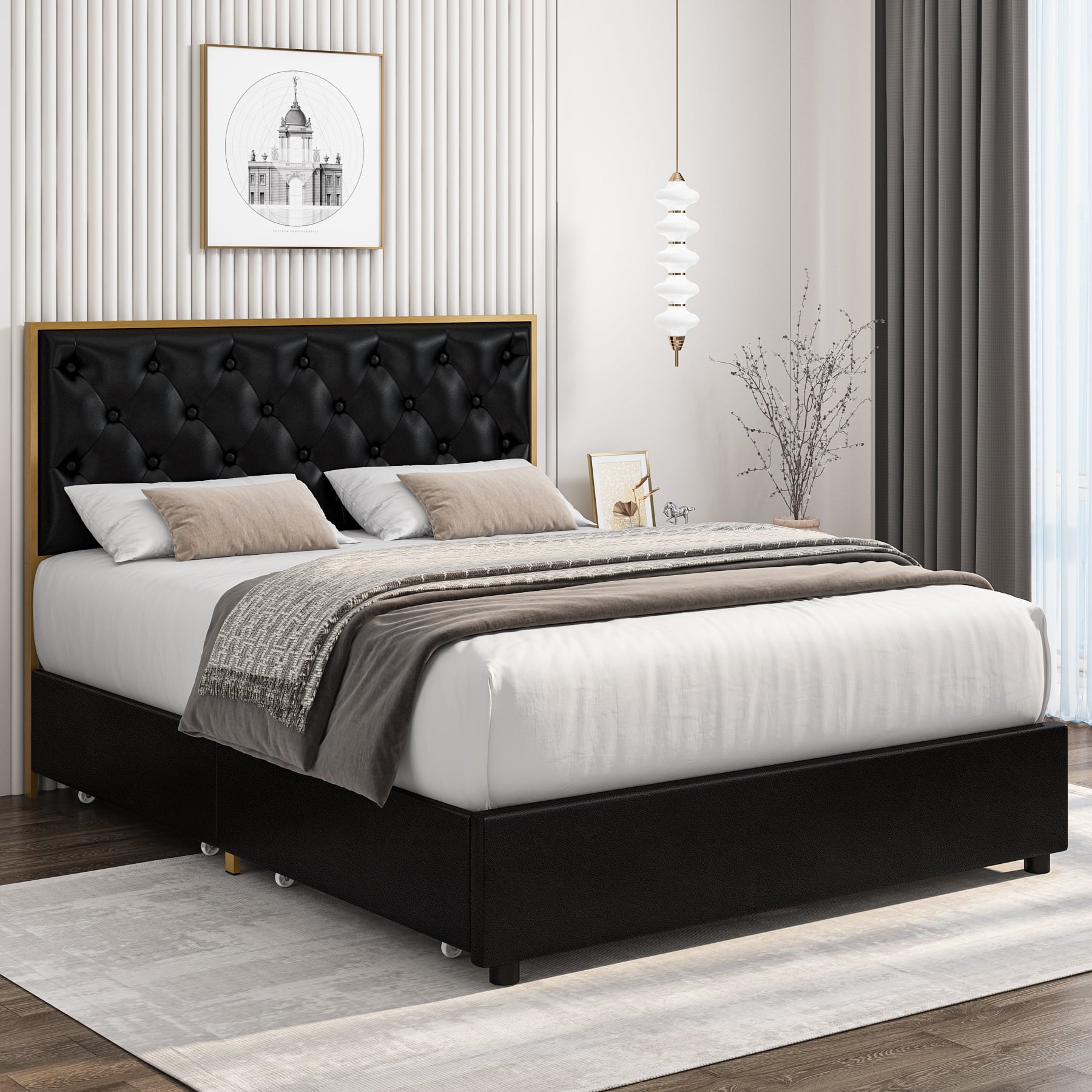 Homfa Full Platform Bed Frame with 4 Storage Drawers, Button PU Leather Upholstered Headboard, No Box Spring Needed, Black