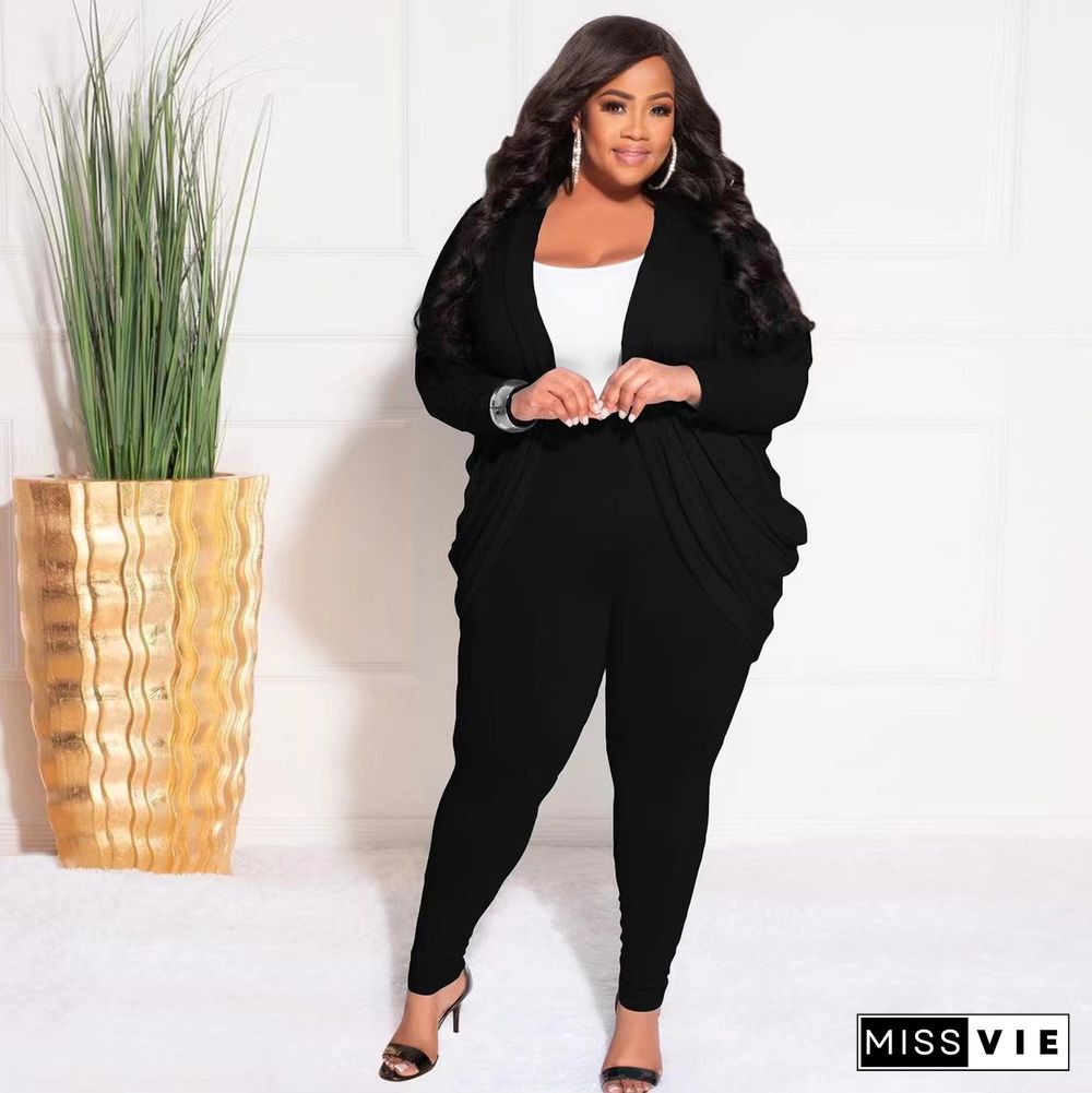 Plus Size Solid Cardigan Pencil Pants Two Piece Sets