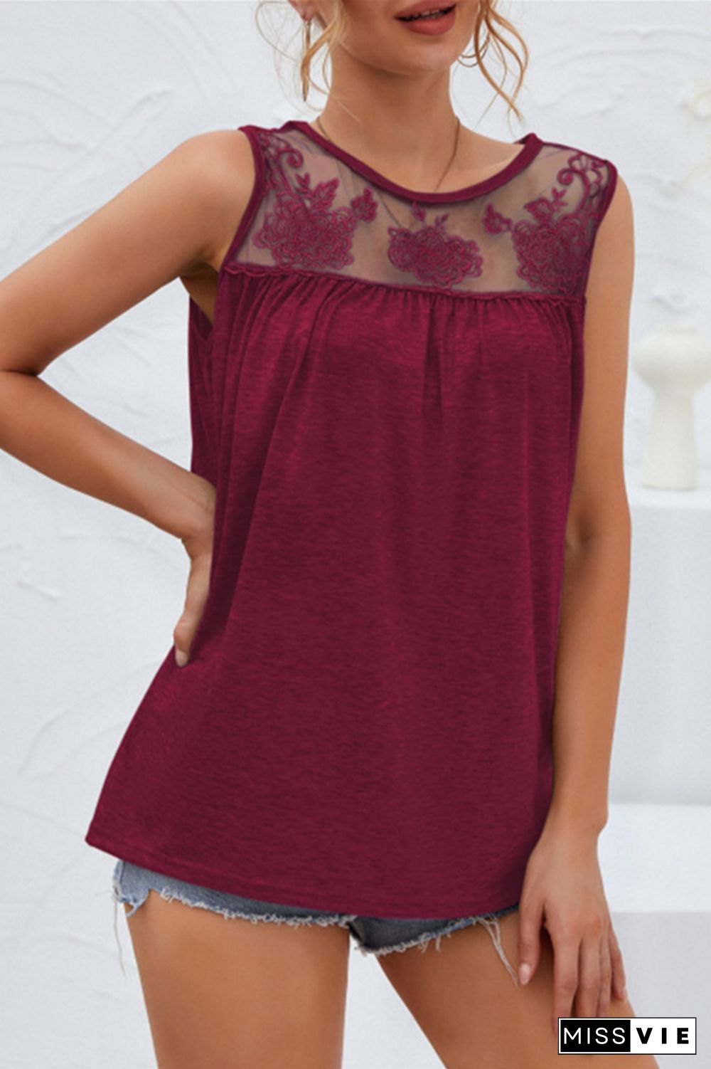 Casual Solid Lace Mesh O Neck T-Shirts(7 Colors)