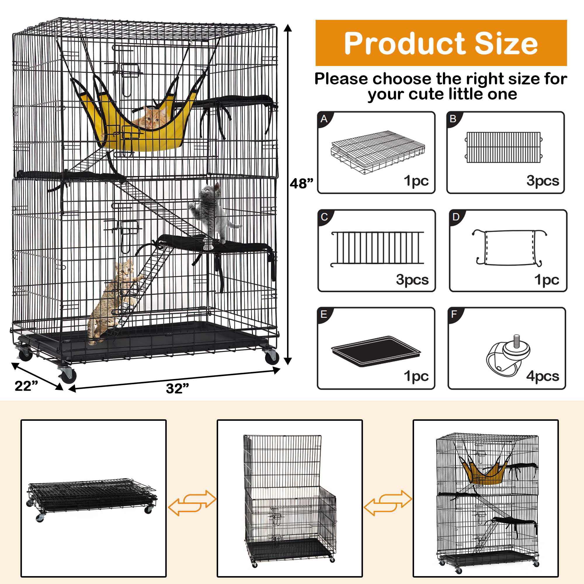 YRLLENSDAN 4-Tier Large Cat Cage， Ferret Chinchilla Cage Playpen Crate Enclosure Kennel Cat Home on Wheels Cat Cages and Playpens Indoor Outdoor 3X Ramp Ladders/1x Hammock