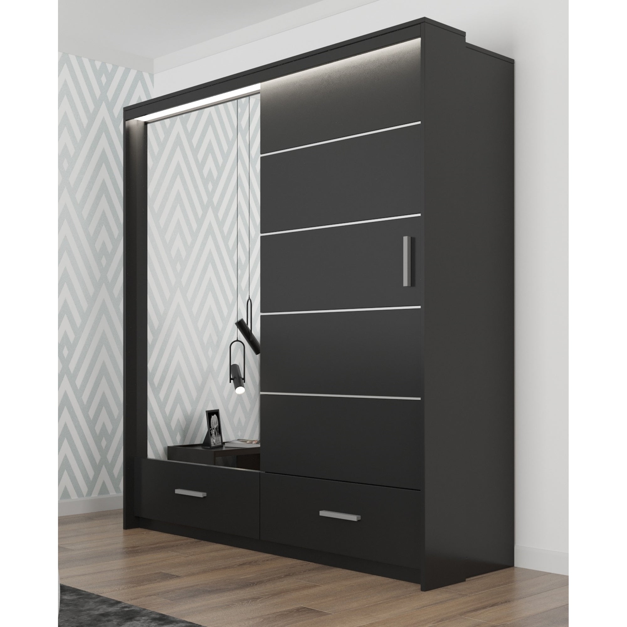 Donovan Modern Wooden Wardrobe - Armoire with Drawers and LED Lighting - - 36254979