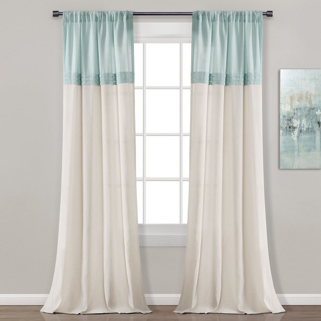 Home Boutique Farmhouse Faux Linen Colorblock Pleated Window Curtain Panels Blue off White 40x84 Set