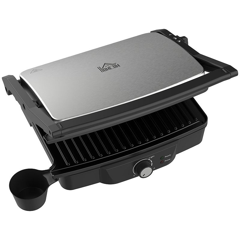 HOMCOM 4 Slice Panini Press Grill， Stainless Steel Sandwich Maker with Non-Stick Double Plates， Locking Lids and Drip Tray， Opens 180 Degrees to Fit Any Type or Size of Food