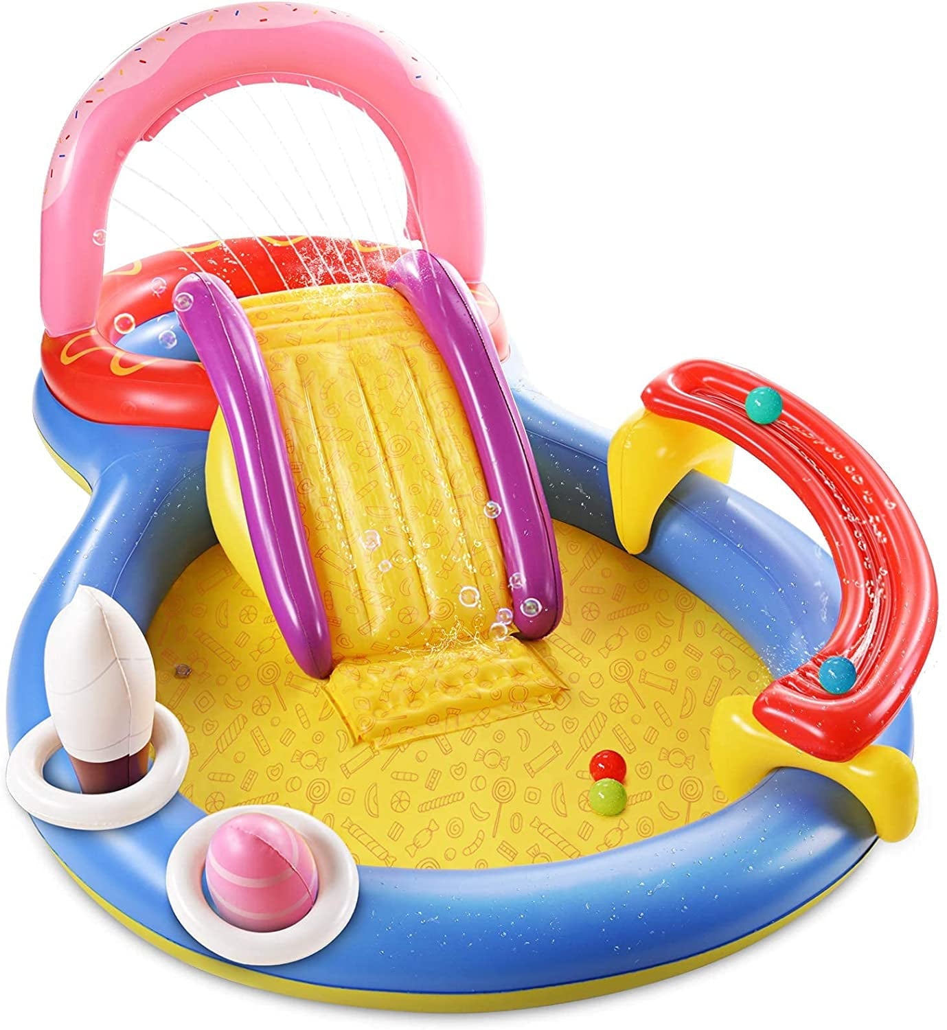 Inflatable Play Center, Hesung 115" X 70" X 44" Full-Sized Kiddie Pool with Slide, Fountain Arch, Ball Roller for Toddler, Kids, Thick Wear-Resistant Big Above Ground, Garden Backyard Water Park