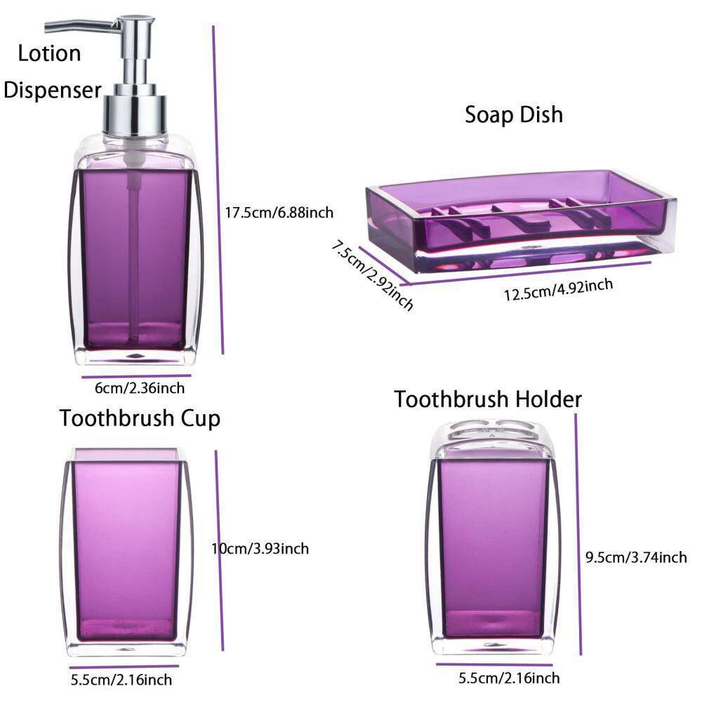 Dracelo 4-Piece Bathroom Accessory Set with Toothbrush Holder Toothbrush Cup Soap Lotion Dispenser Soap Dish in Purple B0B1J56DFT