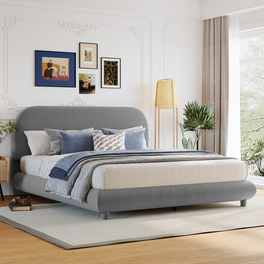 Teddy Fleece Full/Queen Size Upholstered Platform Bed with Thick Fabric  Solid Frame and Stylish Curve shaped Design