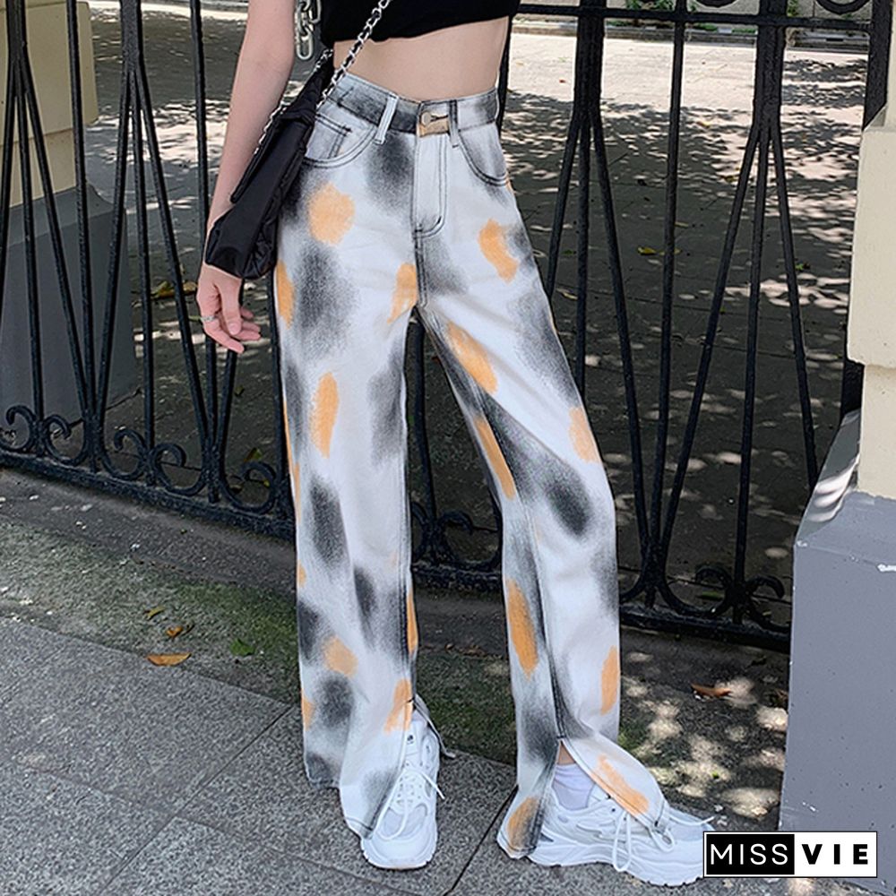 Autumn Split Fork Denim Jeans Women Tie Dye Loose Casual White Pants High Waisted Jeans Korean Fashion Street Wear New