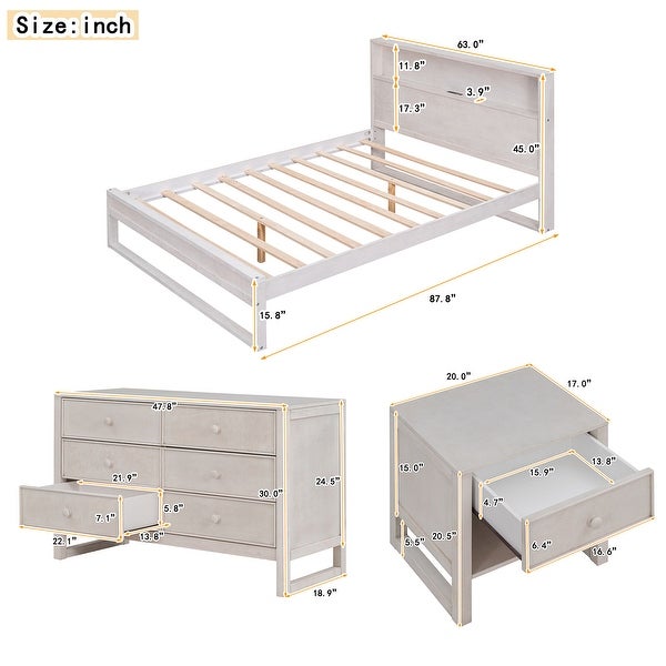 3-Pieces Bedroom Sets USB port Platform Bed with Nightstand and Dresser - - 36847939