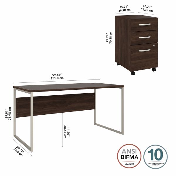 Bush Business Furniture Hybrid 60W x 30D Computer Table Desk with 3 Drawer Mobile File Cabinet in Black Walnut