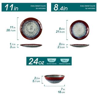 vancasso Ceramic Red 12-Piece Dinnerware Set with 4 x Dinner Plate 4 x Dessert Plate and 4 x Bowl 550 ml (Service for 4) VC-STARRY-R-12