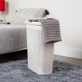 Mind Reader Basket Collection Slim Laundry Hamper 40 Liter (15kg33lbs) Capacity Cut Out Handles Attached Hinged Lid Ivory 40HAMP-IVO