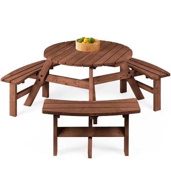 6Person Circular Wooden Picnic Table w/ Umbrella Hole，3 Benches