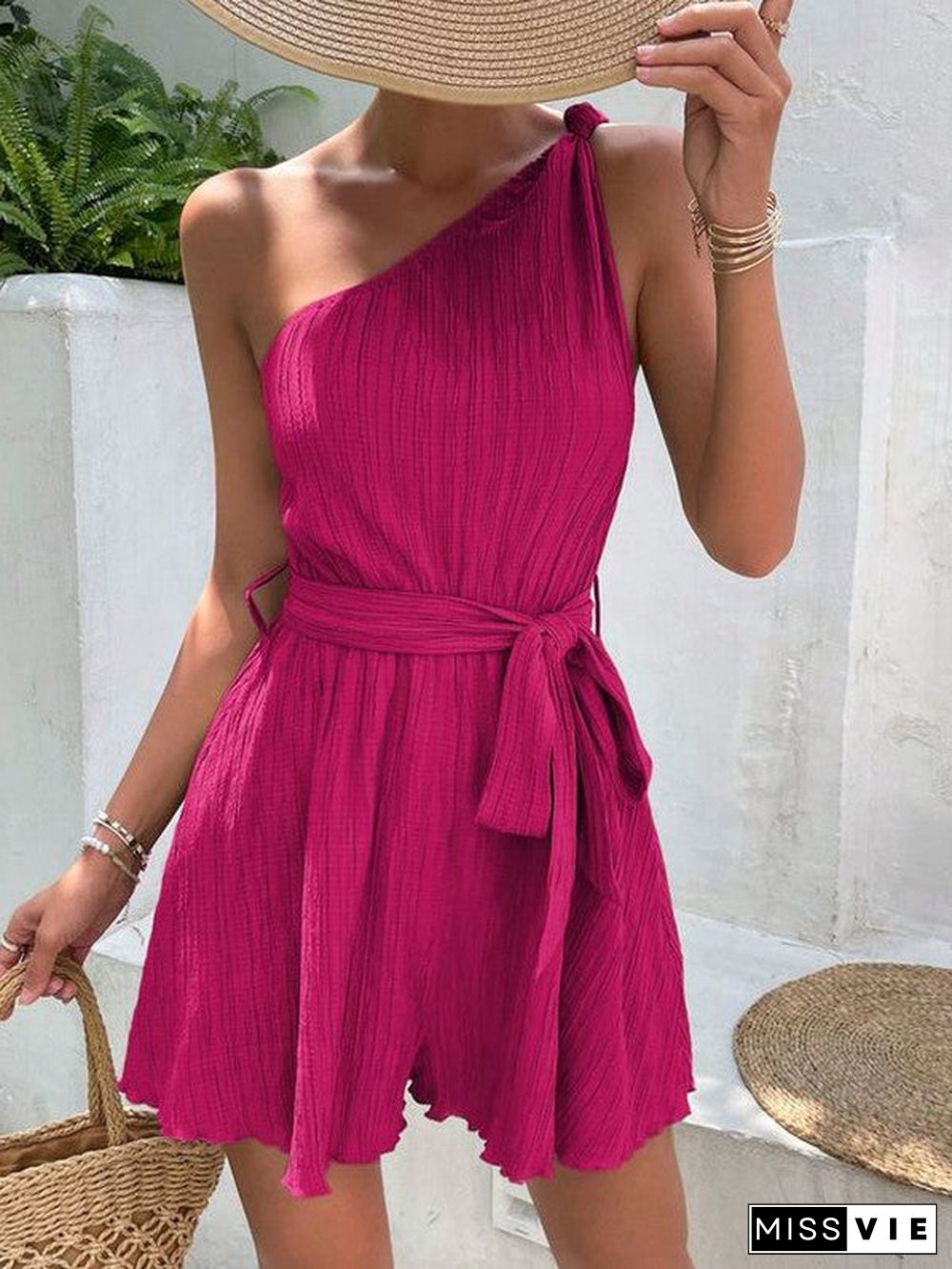 Rose Red Plain One Shoulder Jumpsuit