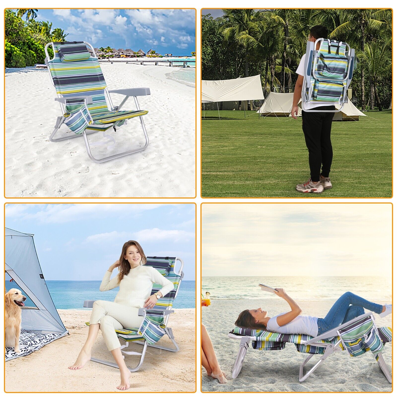 Beach Chair， Backpack Folding Chair with High Back Cooler Bag， 5-Position Reclining with Headrest， Armrest， Large Storage Pouch and Cup Holder (2-Pack Stripe)