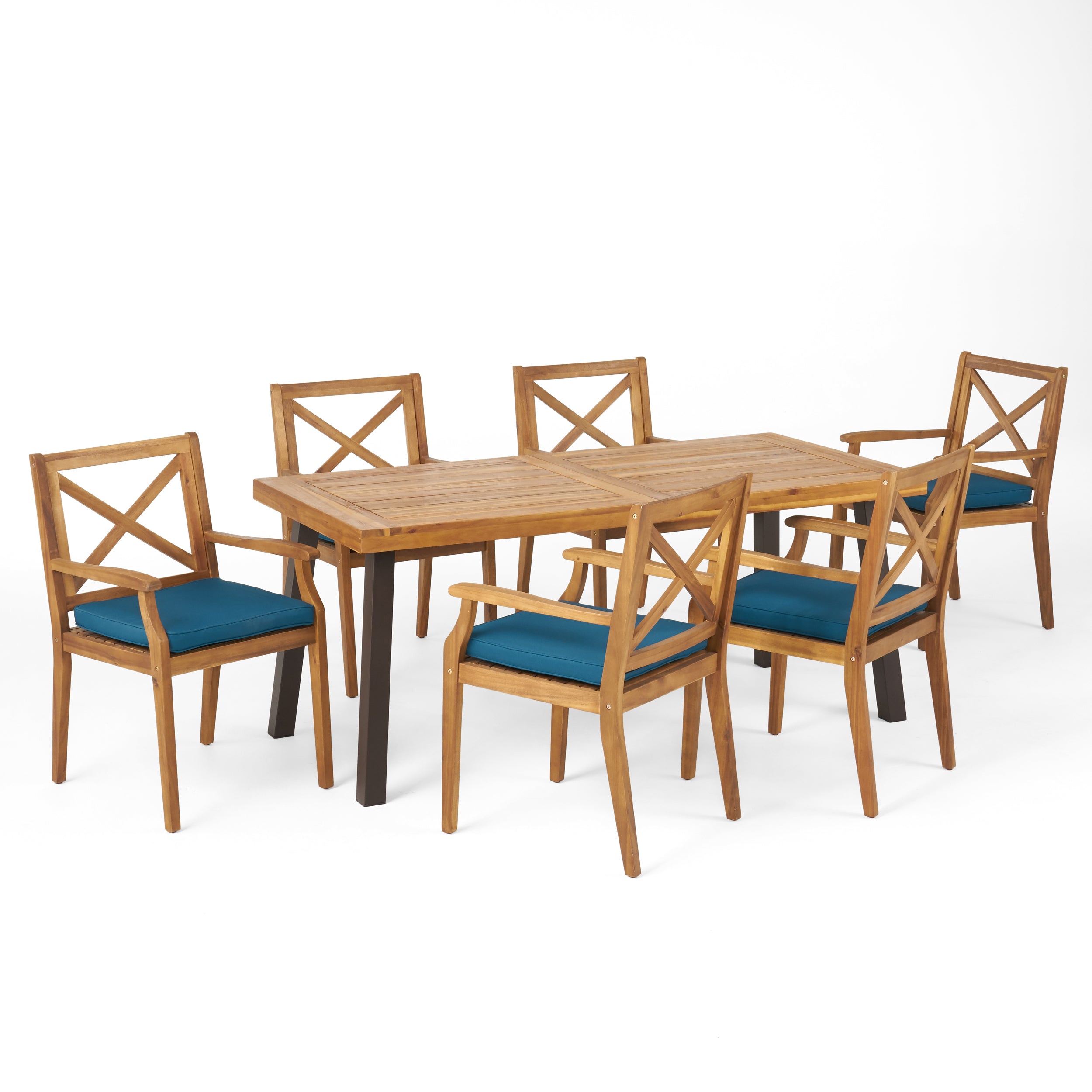 Justin Outdoor Farmhouse Slat-Top 7 Piece Acacia Wood Dining Set with Cushions