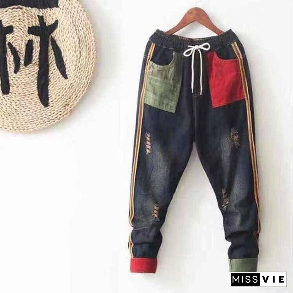 New Arrival Spring Arts Style Women Elastic Waist Cotton Denim Harem Pants Patchwork Pocket Vintage Loose Ripped Jeans S582