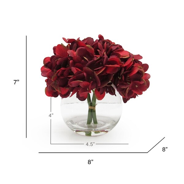 Artificial Hydrangea Flower Arrangement in Round Glass Vase 7in