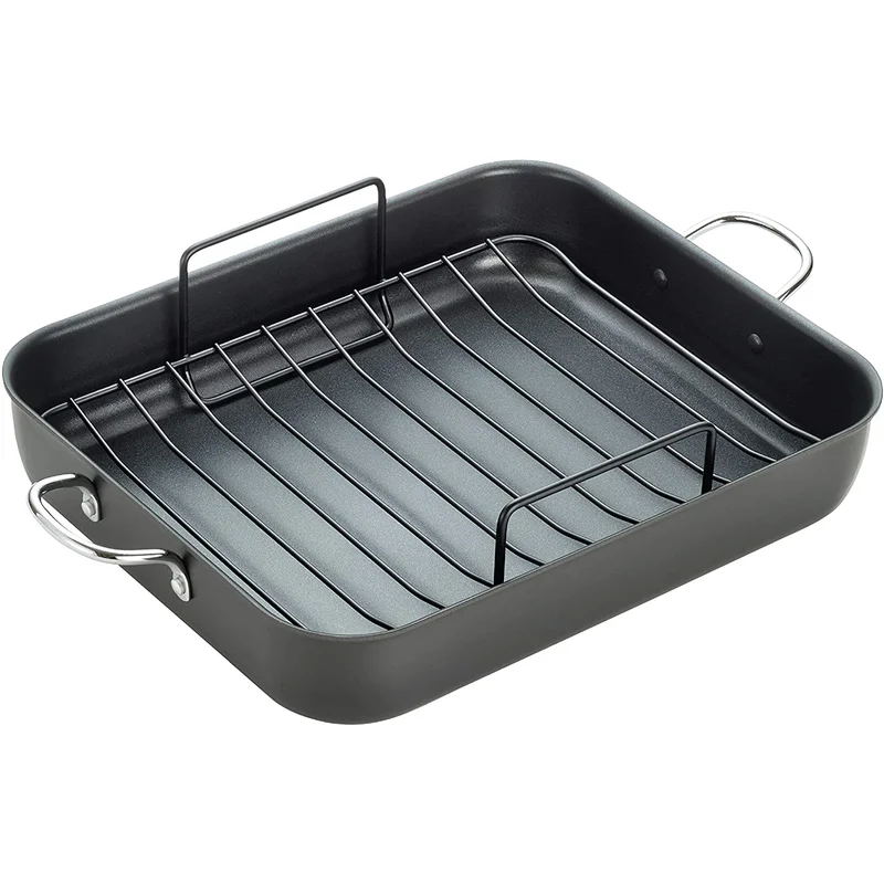 T-fal J145S2 Ultimate Hard Anodized， Nonstick 16 In. x 13 In. Roaster with Rack， Black， ， 16 Inch x 13 Inch， Grey