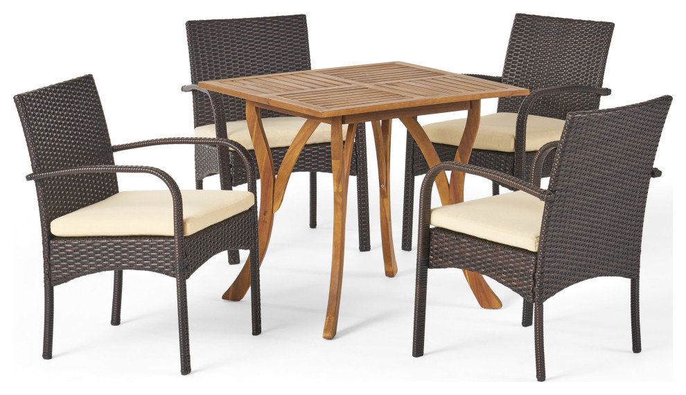 GDF Studio 5 Piece Derek Outdoor Acacia Wood/Wicker Dining Set With Cushions   Tropical   Outdoor Dining Sets   by GDFStudio  Houzz