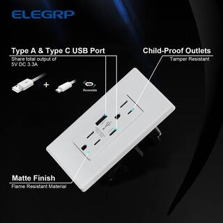 ELEGRP 25-Watt 15 Amp Dual Type A and Type C USB Wall Duplex Outlet Wall Plate Included White (6-Pack) R1815D50AC-WH6