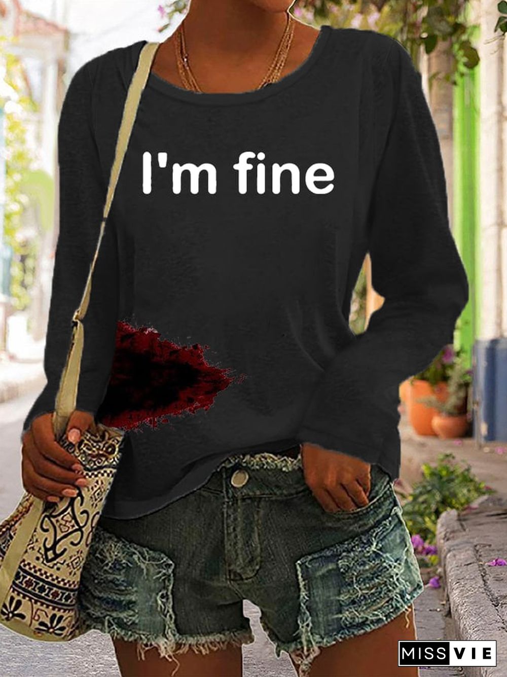 Women's Halloween Funny “I'M FINE” Bloodstained Long Sleeve T-Shirt