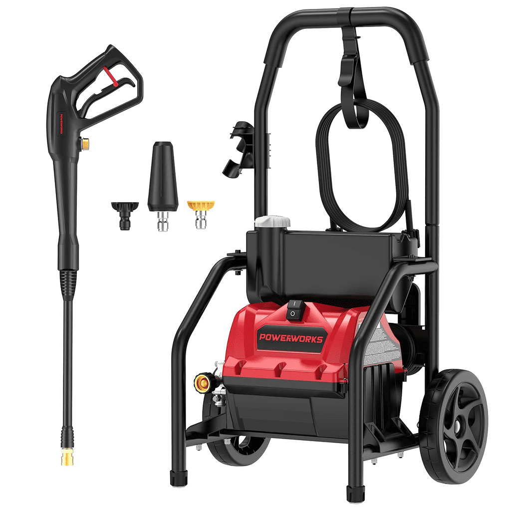 POWERWORKS 1800 PSI 1.1 GPM Electric Pressure Washer, With 13-Amp and 25ft High Pressure Hose and 3 Nozzles for Car Garden Cleaning