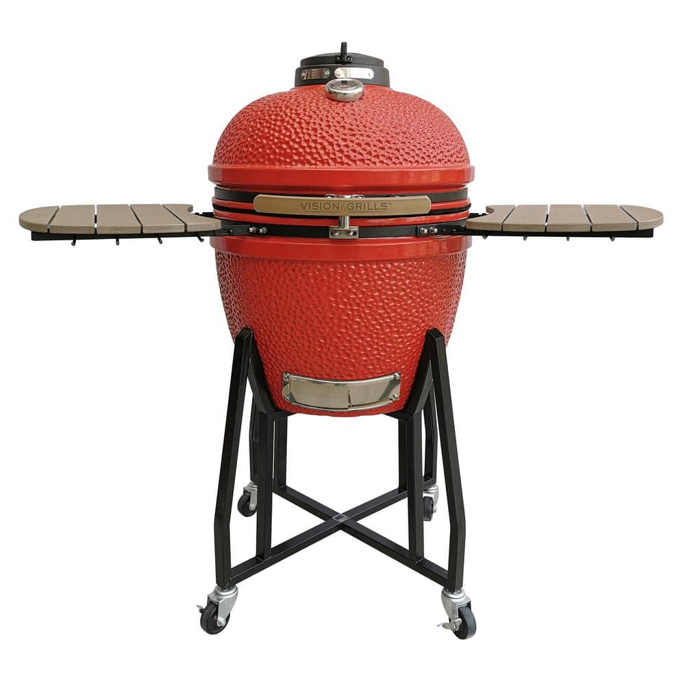 Vision Grills 22 in. Kamado HD Series Ceramic Charcoal Grill in Red with Side Shelves with Accessory Hooks, Cart and Cooking Grate B-R2C2AX-S