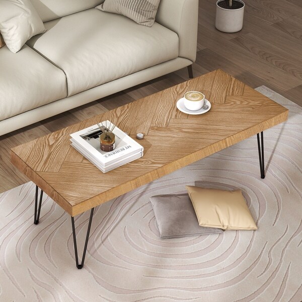 Modern Coffee Table， Easy Assembly Tea Table， Thicken Cocktail Table with w/Chevron Pattern and Metal Hairpin Legs for Living Room