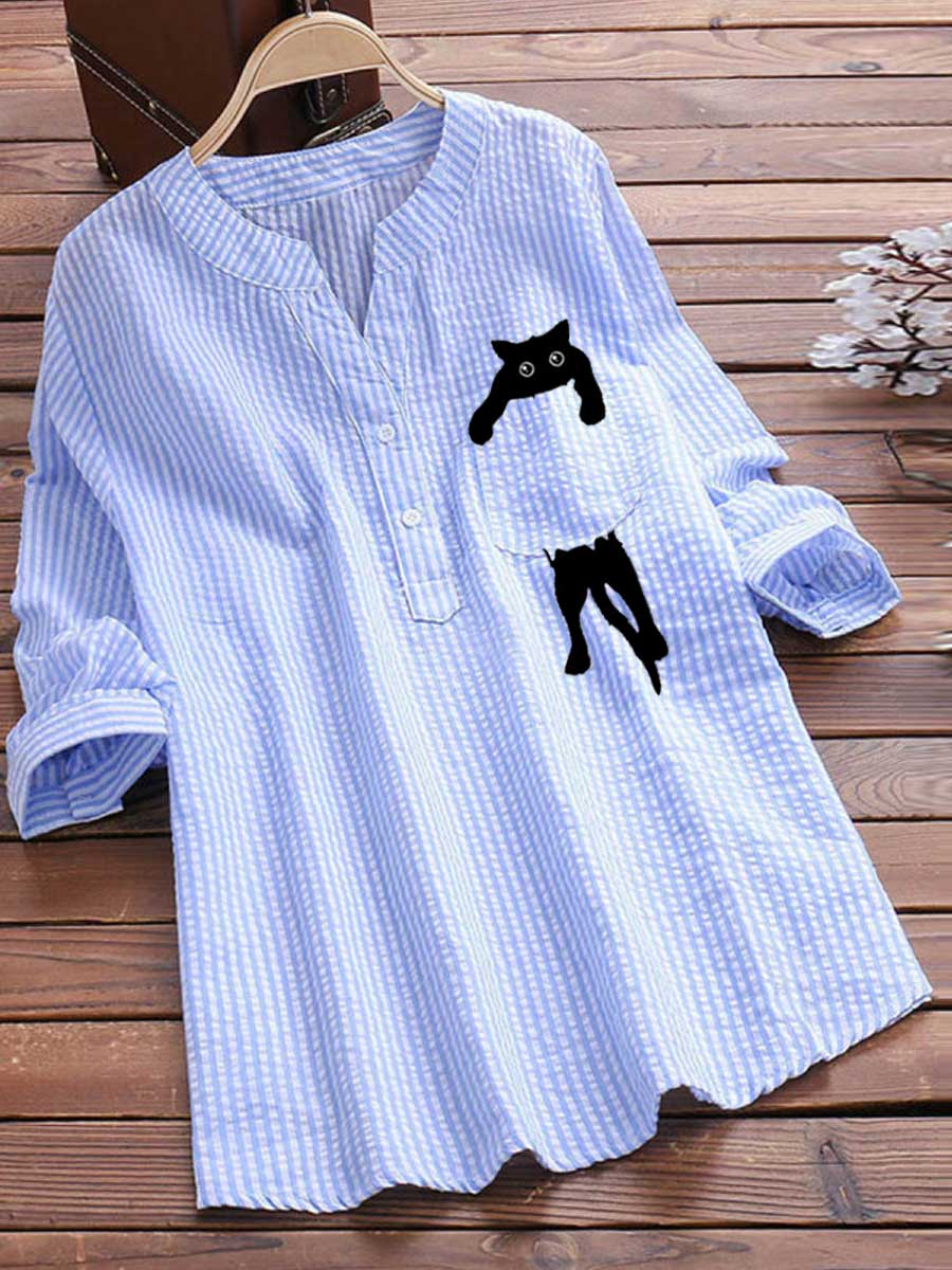 V-neck Cotton And Linen Striped And Cat Print Long Sleeve Blouse